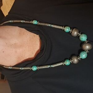 Vintage Japan Faux Stone Silver Tone Metal Statement Necklace Bold Chunky Long